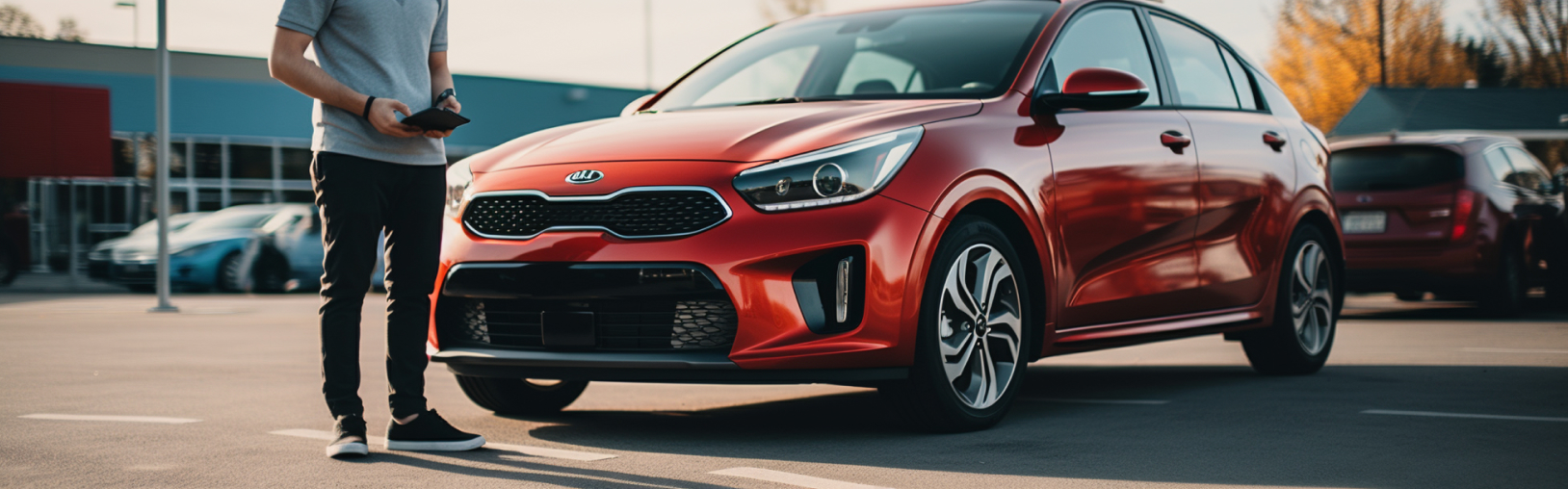 Мужчина около красной машины.